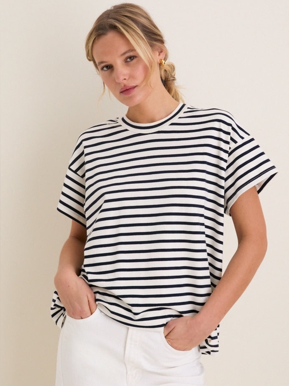 Pomander Place Tuckernuck Navy White Striped Boxy Tee Large